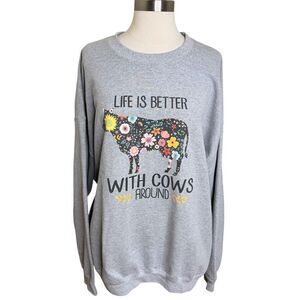 Floral Cow Graphic Crewneck Sweatshirt Gray Gildan Size 2XL Cottagecore